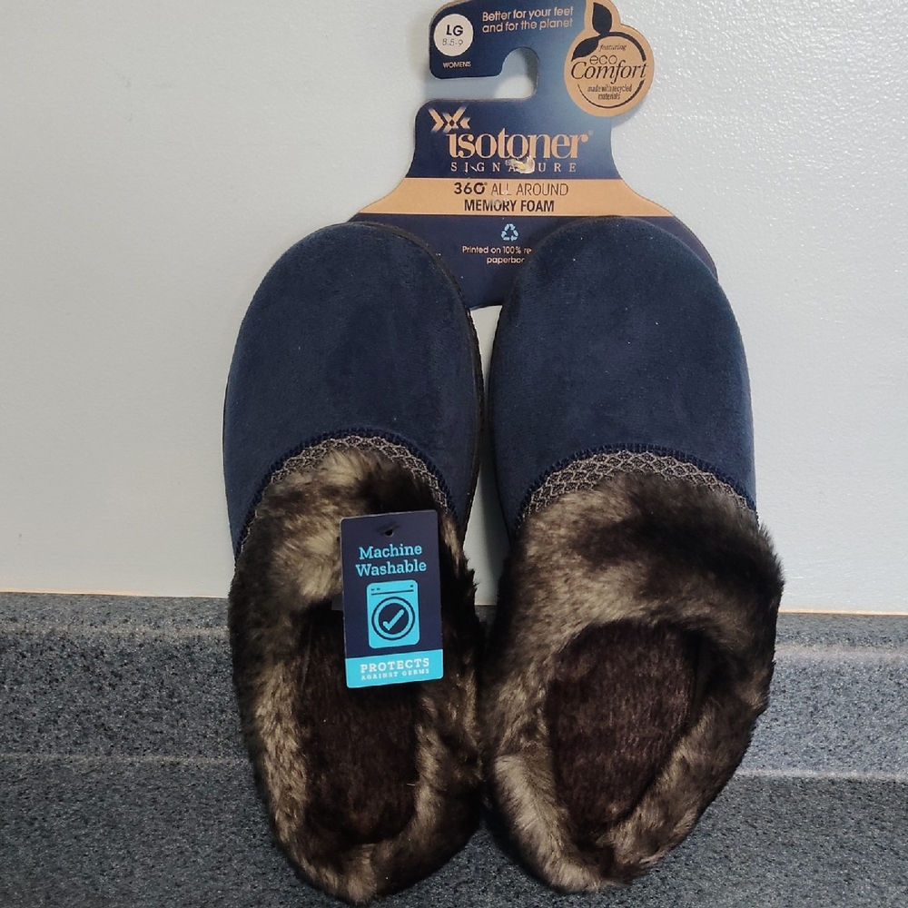 isotoner Women's Navy Faux-Fur Lined Memory Foam Slippers